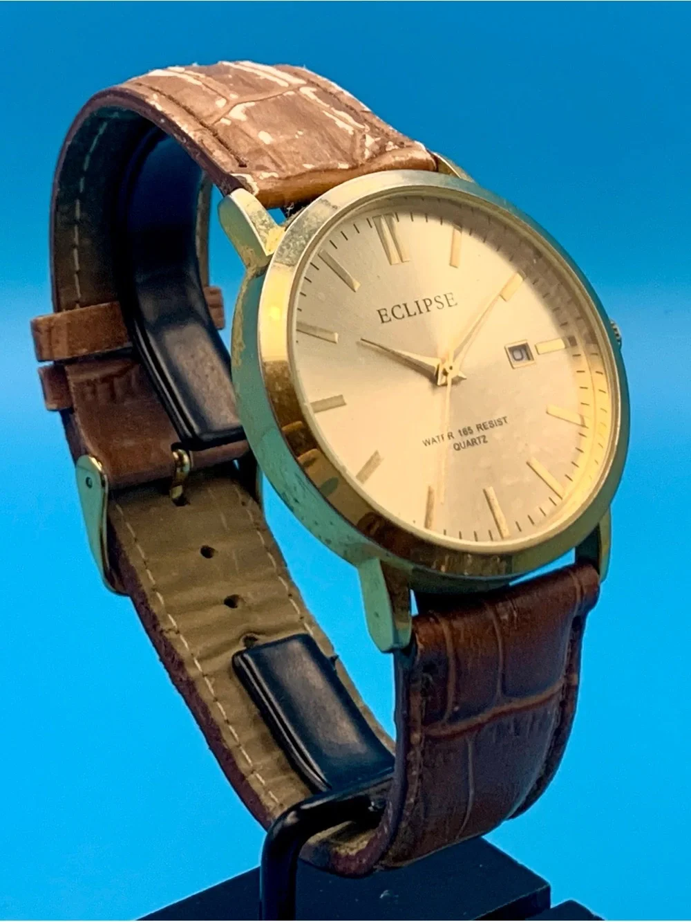 ECLIPSE Men’s Quartz Wristwatch Leather Band Date Japan Movt Working New Battery